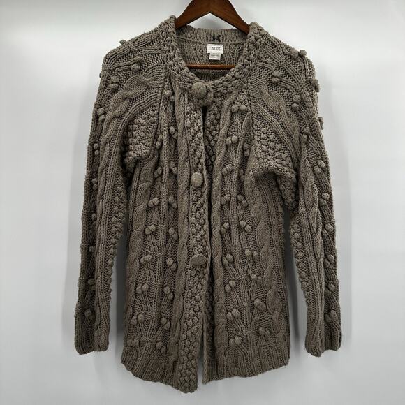 Alps Sweater Womens Medium Beige Button Bobbles Chunky Cable Cardigan Wool Poms - Picture 1 of 12